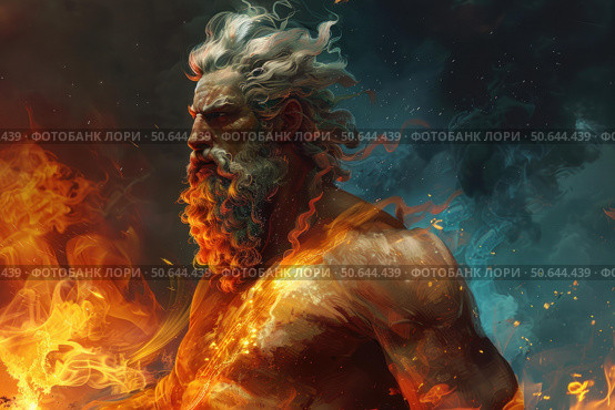God of fire is summoning flames with his superpowers. Стоковое AI-изображение, AI-художник Иван Рябоконь / Фотобанк Лори