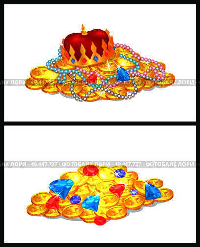 Gold ancient royal treasures in big heaps set. Luxurious king crown, precious jewelry and expensive gems. Mysterious treasure vector illustrations.. Gold Ancient Royal Treasures in Big Heaps Set. Стоковая иллюстрация, агентство Ingram Publishing / Фотобанк Лори