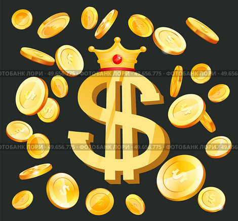 Gold coins with dollar sign in various projections. Big money cash flying on black background. Banking, business, financial operations, business success for web apps infographics vector illustration. Gold coins with dollar sign in various projections. Money cash symbol isolated on black background. Стоковая иллюстрация, агентство Ingram Publishing / Фотобанк Лори