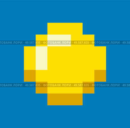 Gold icon in pixel game isolated on blue. Vector digital money to play in 8 bit or 16 bit gaming, symbol of richness and wealth, golden currency. Gold Icon in Pixel Game Isolated. Vector Money. Стоковая иллюстрация, агентство Ingram Publishing / Фотобанк Лори