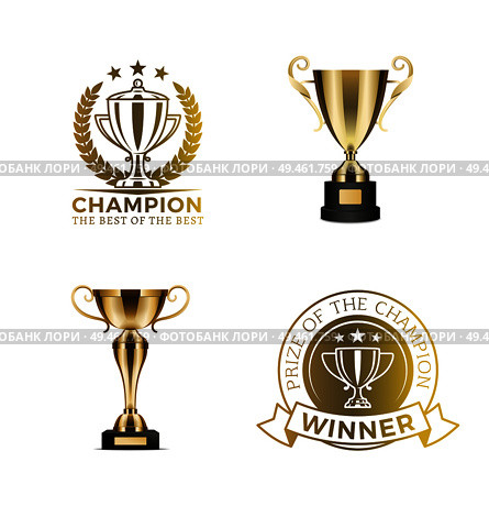 Gold shiny rewards for winners and champions set. Trophy cups with round diploma certificates. Competition shiny awards isolated vector illustrations.. Gold Shiny Rewards for Winners and Champions Set. Стоковая иллюстрация, агентство Ingram Publishing / Фотобанк Лори