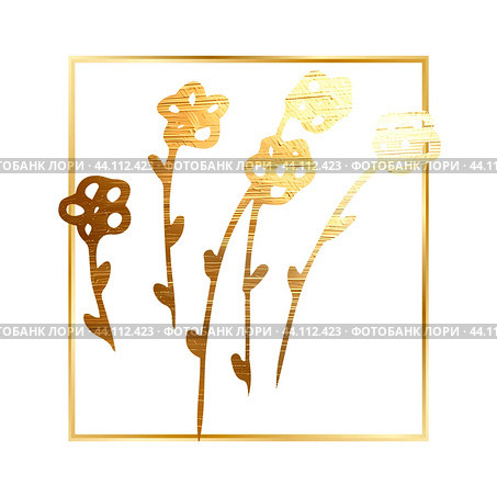Golden branch, twig, flower, floral ornament, frame. Стоковая иллюстрация, иллюстратор Наталия Бурма / Фотобанк Лори