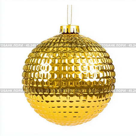 Golden Christmas ball isolated on a white. Стоковое AI-изображение, AI-художник Елена Зубкова / Фотобанк Лори