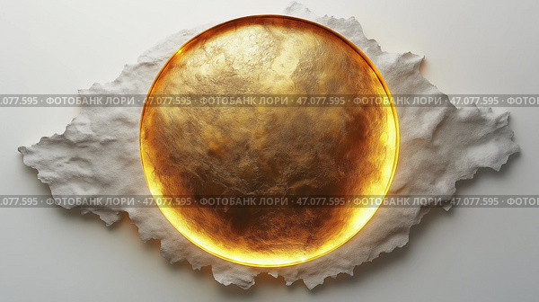 Golden circle drawn on a pure white background, glowing faintly. Высококачественная фотография одного золотого круга, нарисованного на чистом белом фоне, тускло светящегося, как будто освещенного изнутри. Стоковое AI-изображение, AI-художник Katsiaryna Repich / Фотобанк Лори