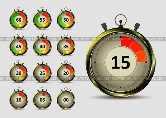 Golden digital timers countdown. Realistic chronometer with different times, vector illustration isolated on white background. Time management symbol. Стоковая иллюстрация, агентство Ingram Publishing / Фотобанк Лори