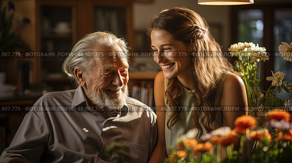 Golden Hour Bonding: A Young Woman Shares a Joyful Moment With an Elderly Man Indoors. Стоковое AI-изображение, AI-художник Данила Большаков / Фотобанк Лори