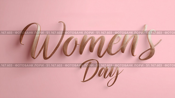 Golden lettering spelling women's day gleaming against pastel pink background, highlighting female empowerment and commemorative spirit. Стоковое AI-изображение, AI-художник Юрий Поздников / Фотобанк Лори
