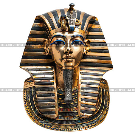 Golden mask of tutankhamun, ancient egyptian pharaoh, isolated on white background. Стоковое AI-изображение, AI-художник Иван Рябоконь / Фотобанк Лори