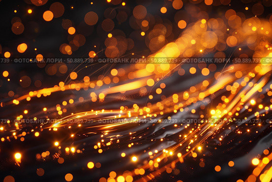 Golden particles flowing and glowing on dark background. Стоковое AI-изображение, AI-художник Иван Рябоконь / Фотобанк Лори