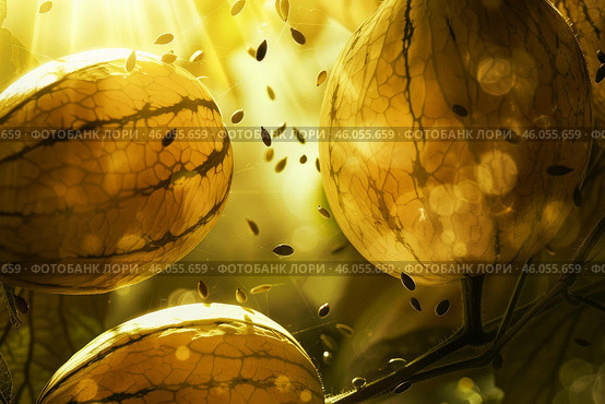 Golden spheres hanging in sunlight, seeds falling from ripe fruits. Стоковое AI-изображение, AI-художник Иван Рябоконь / Фотобанк Лори