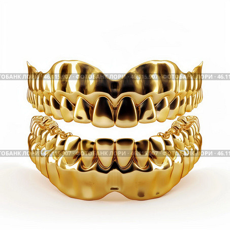Golden teeth grill shining on white background representing wealth and luxury. Стоковое AI-изображение, AI-художник Иван Рябоконь / Фотобанк Лори