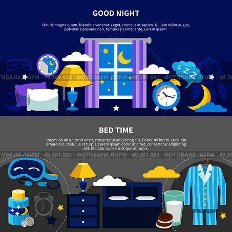 Good night 2 flat horizontal bedtime banners with bed pajama nightstand lamp and alarm clock vector illustration . Night Bedtime 2 Flat Banners. Стоковая иллюстрация, агентство Ingram Publishing / Фотобанк Лори
