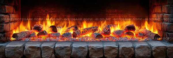 Горящие поленья в домашнем каменном камине создают уютную и теплую атмосферу. Стоковое AI-изображение, AI-художник Ярославский Максим / Фотобанк Лори
