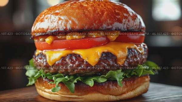 Gourmet Burger with a juicy beef patty, melted cheddar cheese, fresh lettuce, tomato, and a toasted brioche bun on a wooden board. Fast street food concept. Footage for culinary video blog. Стоковое AI-видео, аниматор Ирина Михайличенко / Фотобанк Лори