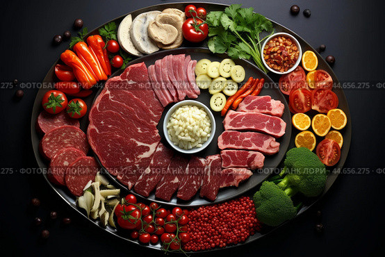 Gourmet charcuterie platter with assorted meats and vegetables. Стоковое AI-изображение, AI-художник Иван Рябоконь / Фотобанк Лори
