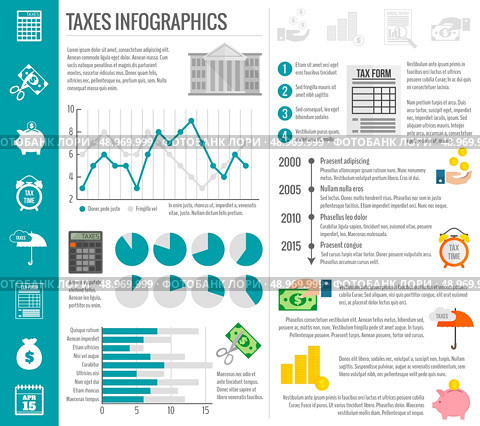Government tax money finance cut paying reducing symbols infographics set with charts vector illustration. Стоковая иллюстрация, агентство Ingram Publishing / Фотобанк Лори