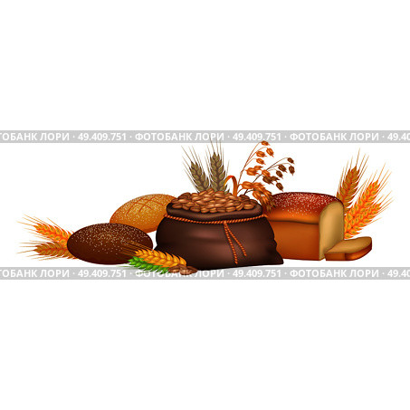 Grains and agricultural products colorful vector poster. Harvest of crude crops in bag and on ears, bread made of these ingredients. Grains and Agricultural Products Colorful Poster. Стоковая иллюстрация, агентство Ingram Publishing / Фотобанк Лори