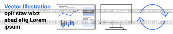 Graph chart on monitor, desktop screen, refresh symbol, and placeholder text convey data analysis, technology, and workflow. Ideal for business analytics, technology, data visualization, IT setups. Business Data Analysis and Digital Workflow Elements Featuring Graphs and Computer Icons. Стоковая иллюстрация, агентство Ingram Publishing / Фотобанк Лори