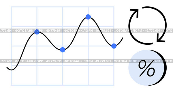 Graph with black trendline and blue data points. Reload icon and percentage symbol. Ideal for data analysis, performance tracking, statistics, financial forecasting, business analytics, educational. Graph with Trendline, Points, Reload Icon, and Percentage Symbol for Data Analysis and Performance Tracking. Стоковая иллюстрация, агентство Ingram Publishing / Фотобанк Лори