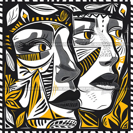Graphic art in the style of risography or design with imitation of linocut. Abstract faces with intricate patterns on black background. Стоковое AI-изображение, AI-художник Александра Рублева / Фотобанк Лори