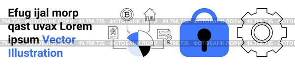 Graphs and charts connecting technology and financial symbols, blue lock, and a cogwheel. Ideal for technology, cybersecurity, financial data analysis, business solutions, data visualization, web. Data Security and Analysis with Graphs, Charts, and Technology Icons for Web Banners. Стоковая иллюстрация, агентство Ingram Publishing / Фотобанк Лори