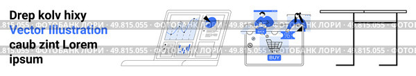 Graphs on laptop screen, e-commerce activities on tablet, and standing desk represent work efficiency and online business. Ideal for tech solutions, e-commerce strategies, remote work, data. Data Analysis and E-commerce Integration with Desk Setup and Caption Design. Стоковая иллюстрация, агентство Ingram Publishing / Фотобанк Лори