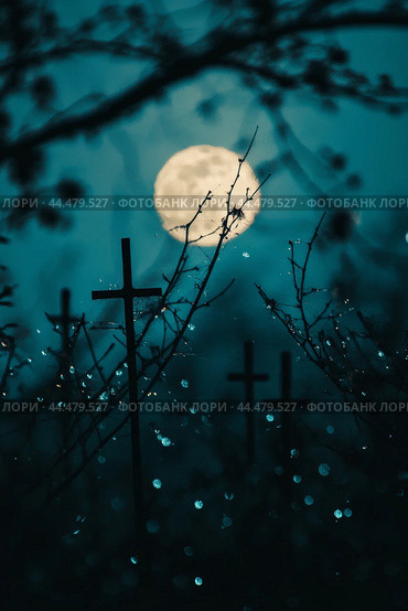 Graveyard cross under full moon with spider web and bokeh effect, background. Стоковое AI-изображение, AI-художник Анастасия Золотницкая / Фотобанк Лори
