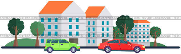 Gray and red cars in city. Cars are driving on road. Landscape with residential buildings and automobiles. Driving in modern downtown. Vehicles on background of cityscape with buildings and nature. Gray and red cars in city. Vehicles driving on road on background of cityscape with buildings. Стоковая иллюстрация, агентство Ingram Publishing / Фотобанк Лори
