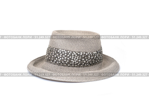 Gray straw women's hat with shiny sequins isolated on white background, cutout ready. Стоковое фото, фотограф Елена  Попкова / Фотобанк Лори