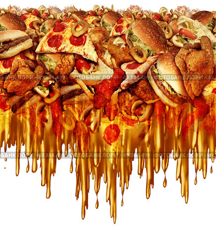 Greasy diet and unhealthy fast food concept with liquid driping grease as onion rings burger and hot dogs and fried chicken french fries as a symbol of unhealthy dieting nutrition. Стоковое фото, агентство Ingram Publishing / Фотобанк Лори
