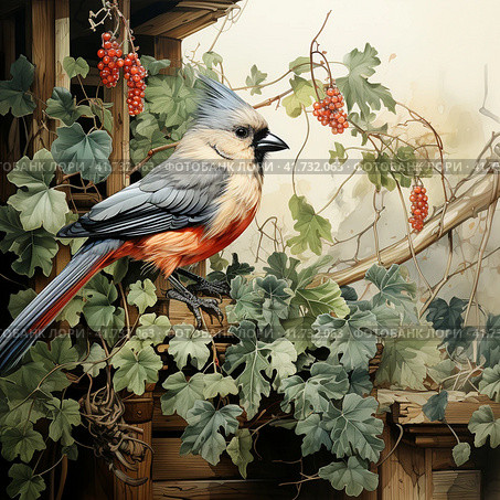 Great titmouse looking out red bird house in the garden surrounded by ivy,  Generative AI. Стоковое AI-изображение, AI-художник Анна Кривицкая / Фотобанк Лори