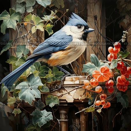 Great titmouse looking out red bird house in the garden surrounded by ivy,  Generative AI. Стоковое AI-изображение, AI-художник Анна Кривицкая / Фотобанк Лори