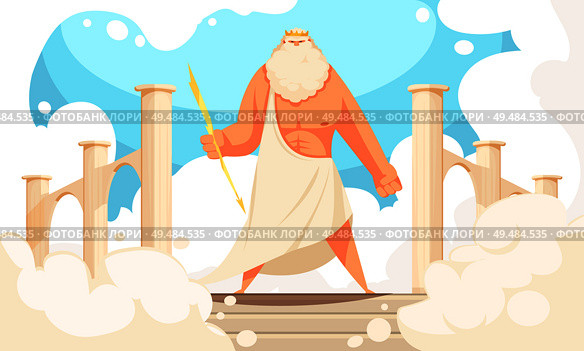 Greece ancient gods flat cartoon image of powerful mythological zeus prominent figure in pantheon background vector illustration. Стоковая иллюстрация, агентство Ingram Publishing / Фотобанк Лори