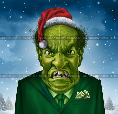 Greedy holiday boss concept and selfish christmas greed as a green business manager character with a santa claus hat and suit with a dollar sign on his forehead representing the concept of selfishness and stingy financial behavior. Стоковое фото, агентство Ingram Publishing / Фотобанк Лори