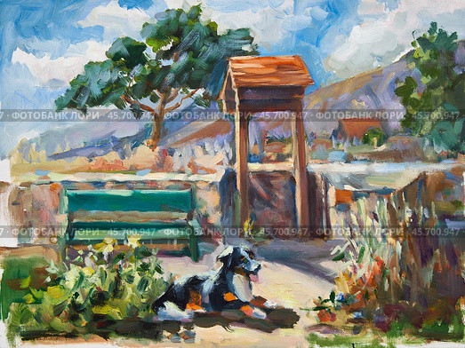 Greek summer landscape. Oil painting on canvas by artist Inna Prityazhnyuk. Стоковая иллюстрация, иллюстратор Сергей Пристяжнюк (Serg Zastavkin) / Фотобанк Лори