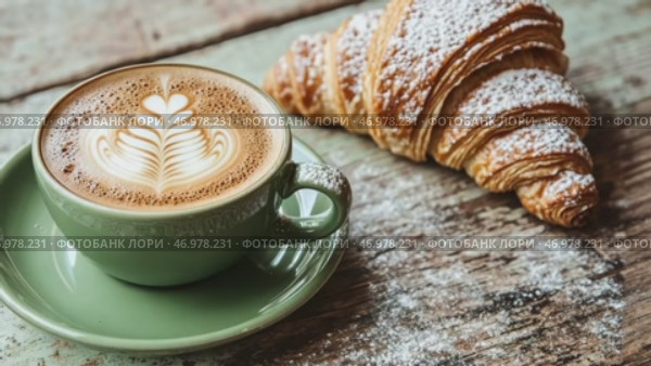 Green ceramic cup of frothy cappuccino coffee with croissants on rustic wood background. Hot latte with art milk foam and freshly-baked Brioche on cafe table. Breakfast or coffee break. Morning ritual. Стоковое AI-видео, аниматор Марина Демидюк / Фотобанк Лори
