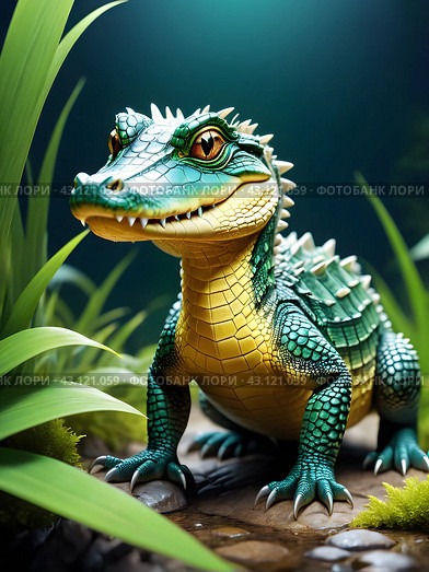 Green crocodile in a terrarium. Стоковое AI-изображение, AI-художник Наталья Симакова / Фотобанк Лори