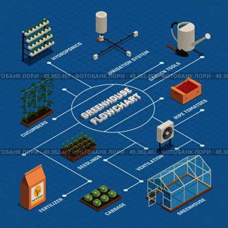 Green house gardening tools plants equipment isometric flowchart with hydroponics irrigation system fertilizer and seedlings vector illustration  . Greenhouse Installations Production  Isometric Flowchart . Стоковая иллюстрация, агентство Ingram Publishing / Фотобанк Лори