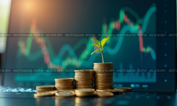 Green plant sprouting from coin stack against blurred stock market chart background symbolizing investment growth, financial success, and sustainable economy. Стоковое AI-изображение, AI-художник Павел Муравьев / Фотобанк Лори