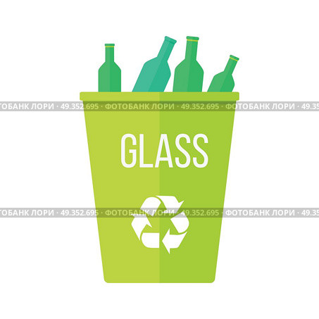 Green Recycle Garbage Bin with Glass. Green recycle garbage bin with glass. Reuse or reduce symbol. Plastic recycle trash can. Trash can icon in flat. Waste recycling. Environmental protection. Vector illustration. Стоковая иллюстрация, агентство Ingram Publishing / Фотобанк Лори
