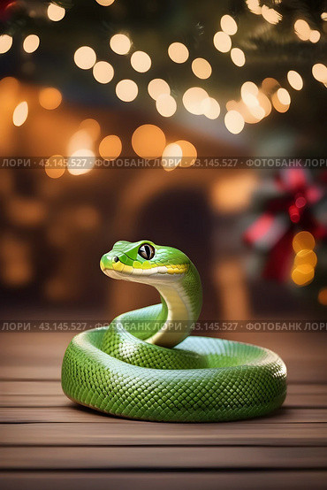 Green snake character on new year background with bokeh. Стоковое AI-изображение, AI-художник Наталья Симакова / Фотобанк Лори