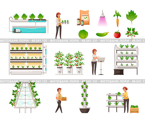 Greenhouse farming set with vertical hydroponics and aeroponics symbols cartoon vector illustration. Стоковая иллюстрация, агентство Ingram Publishing / Фотобанк Лори