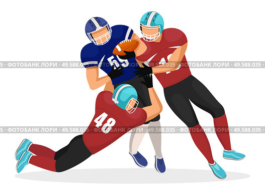 Gridiron player falling down trying to get ball. Isolated team members playing american football. Competing male personages. Participation between professional footballers. Vector in flat style. American Football Player Falling Down, Gridiron. Стоковая иллюстрация, агентство Ingram Publishing / Фотобанк Лори