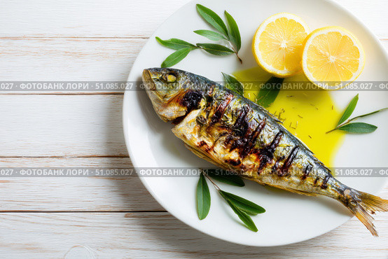 Grilled fish on a white plate, top view, wooden backdrop. Fried fish with slice of lemon and fresh herbs, olive oil. Snapper or sea bream on kitchen table. For cooking background or menu design. Стоковое AI-изображение, AI-художник Марина Демидюк / Фотобанк Лори