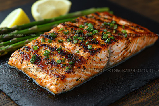 Grilled Salmon Fillet with a crispy skin, served with asparagus and lemon wedges on a black slate plate. Footage for culinary video blog. Стоковое AI-изображение, AI-художник Ирина Михайличенко / Фотобанк Лори