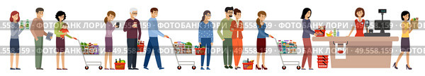 Grocery store queue. People with shopping carts and basket with food. Vector flat illustration. Стоковая иллюстрация, агентство Ingram Publishing / Фотобанк Лори