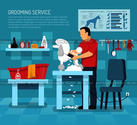 Grooming service illustration with view of room interior with bath tub puddle dog and animal hairdresser vector illustration. Grooming Pet Service Composition. Стоковая иллюстрация, агентство Ingram Publishing / Фотобанк Лори