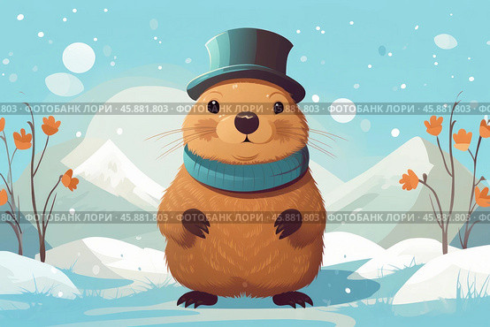 Groundhog wearing top hat and scarf predicts early spring. Стоковое AI-изображение, AI-художник Иван Рябоконь / Фотобанк Лори