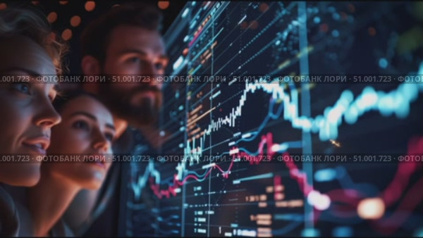 Group analyzes market trends during a financial workshop at an evening event in a modern office. Стоковое AI-видео, аниматор Сергей Толмачёв / Фотобанк Лори