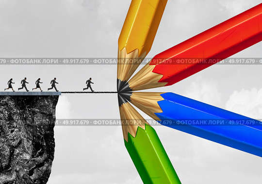 Group drawing a bridge and conquering adversity business concept as people running from a cliff with the help of a team of diverse pencils creating a helping path to success as a concept for bridging the gap with 3D illustration elements. Стоковое фото, агентство Ingram Publishing / Фотобанк Лори
